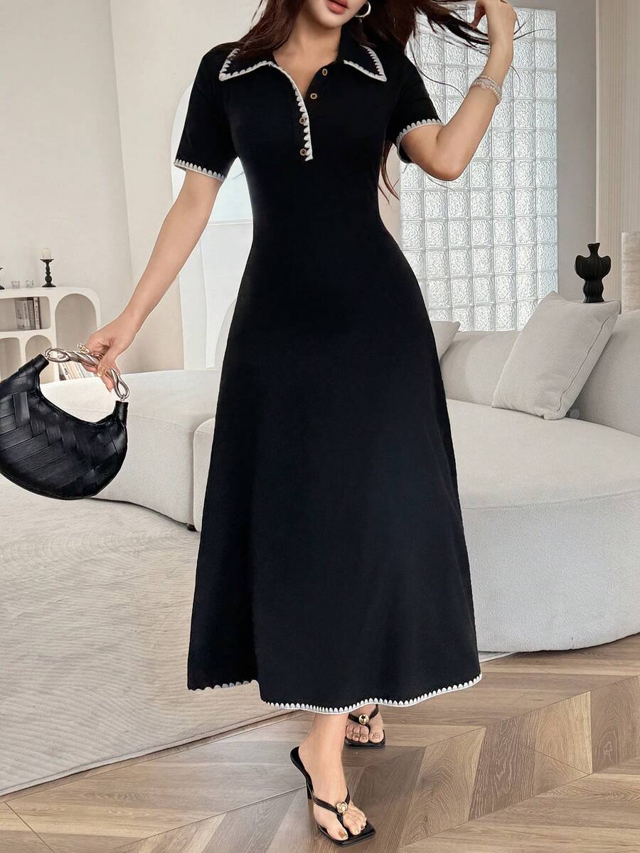 SHEIN FEYLA فستان أسود بتصميم حافة مسننة متباينة الألوان