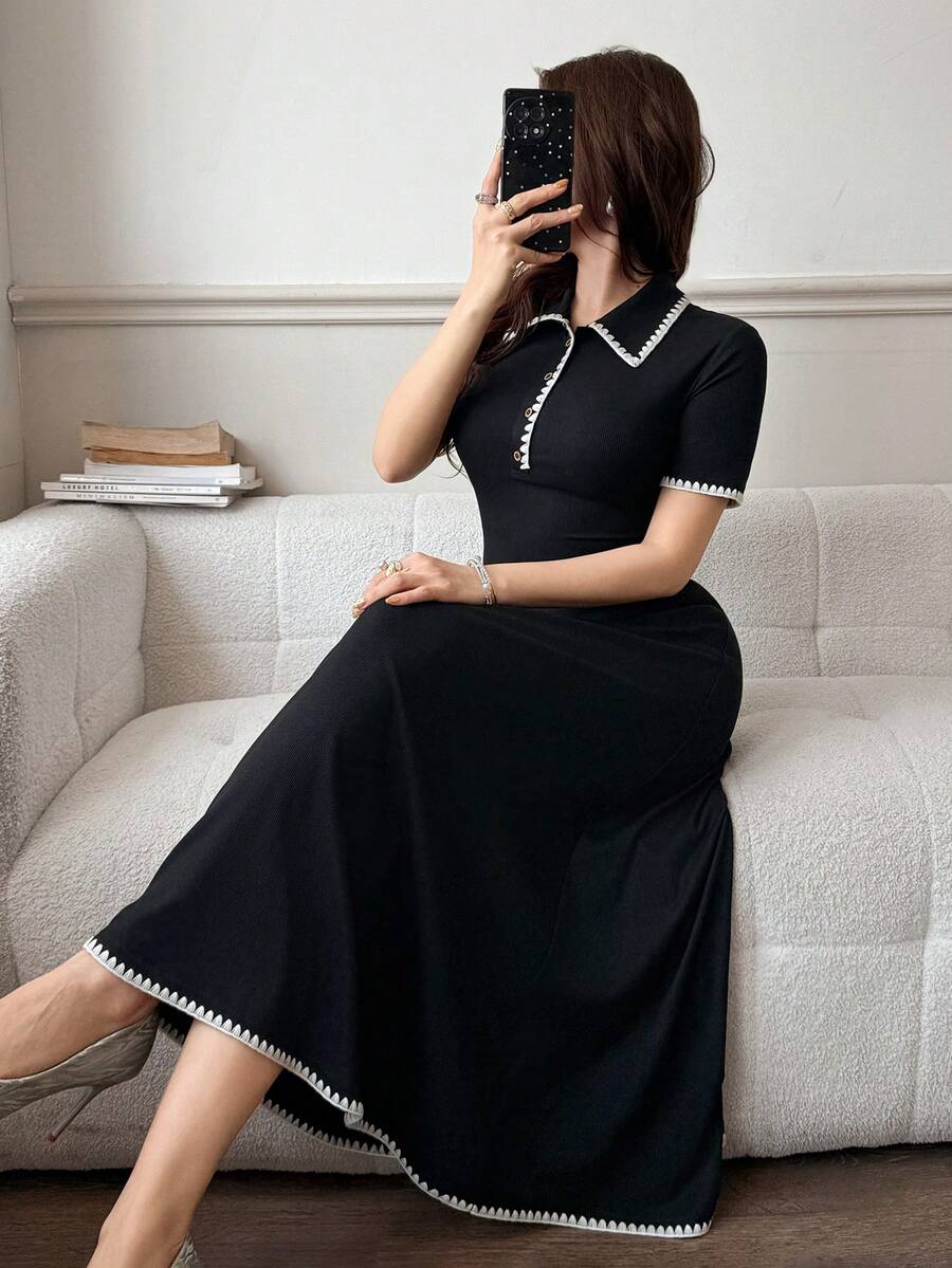 SHEIN FEYLA فستان أسود بتصميم حافة مسننة متباينة الألوان