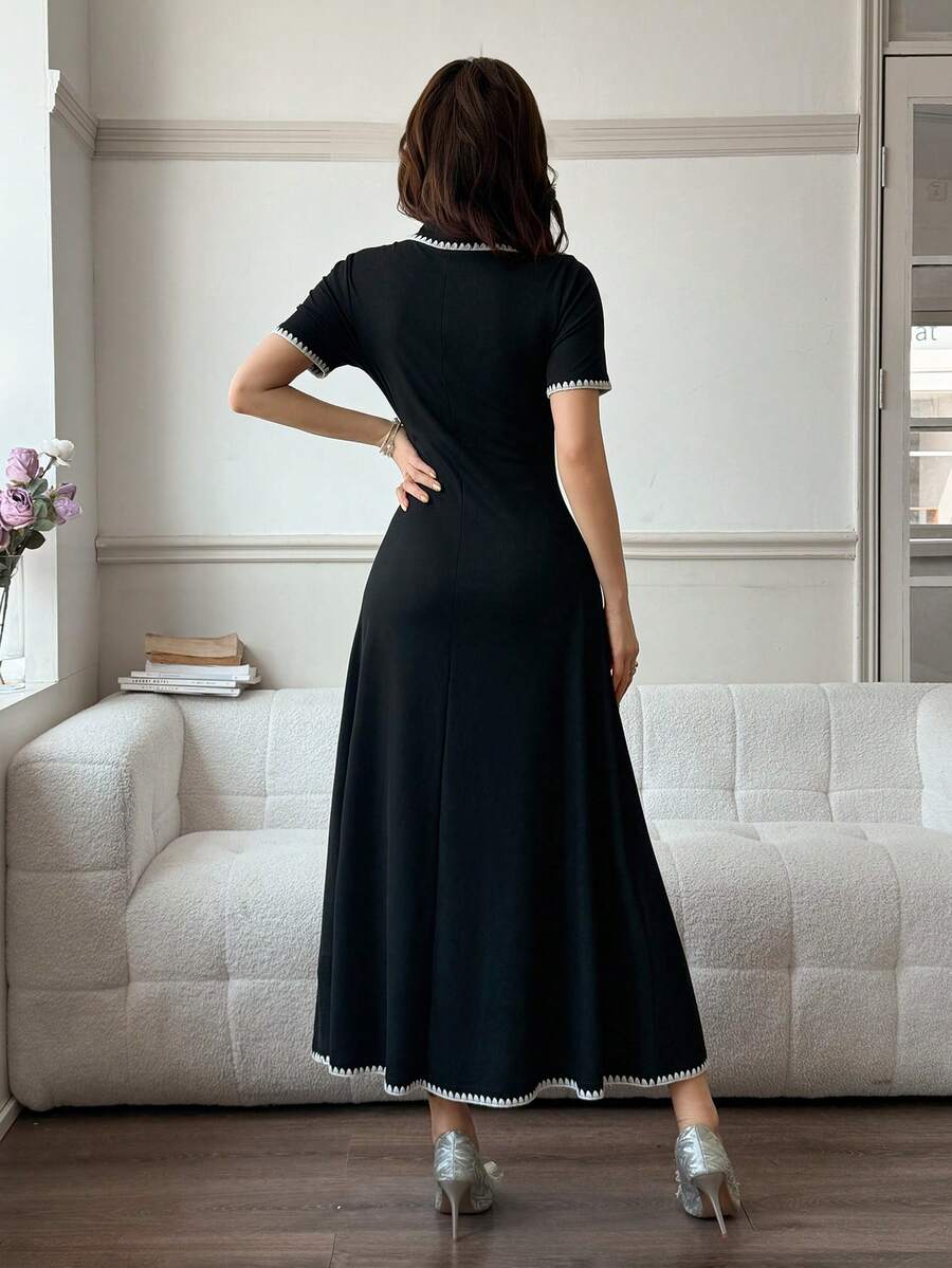 SHEIN FEYLA فستان أسود بتصميم حافة مسننة متباينة الألوان