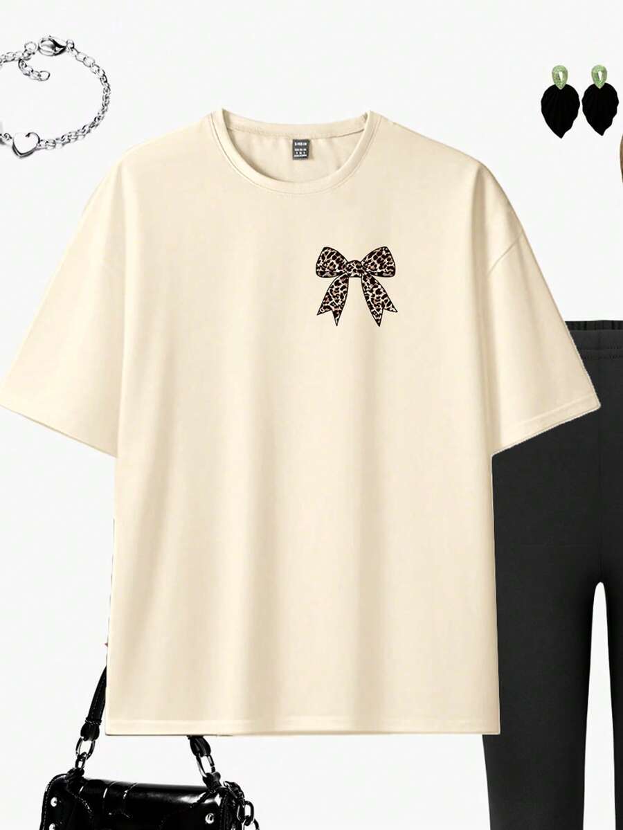 SHEIN طقم كاجوال تي شيرت فضفاض وسروال ليغينغز بطبعة فيونكة بنمط الفهد