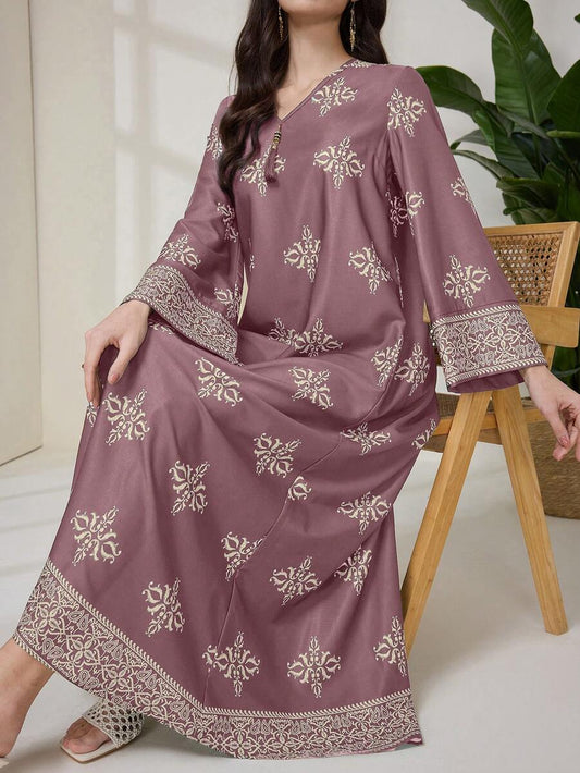 SHEIN Al Najma فستان ماكسي عربي فضفاض بطبعة زهرية وأكمام طويلة