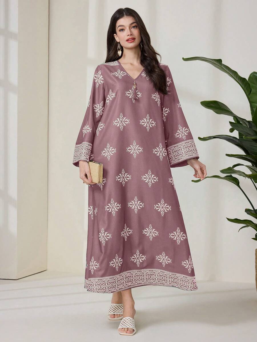 SHEIN Al Najma فستان ماكسي عربي فضفاض بطبعة زهرية وأكمام طويلة