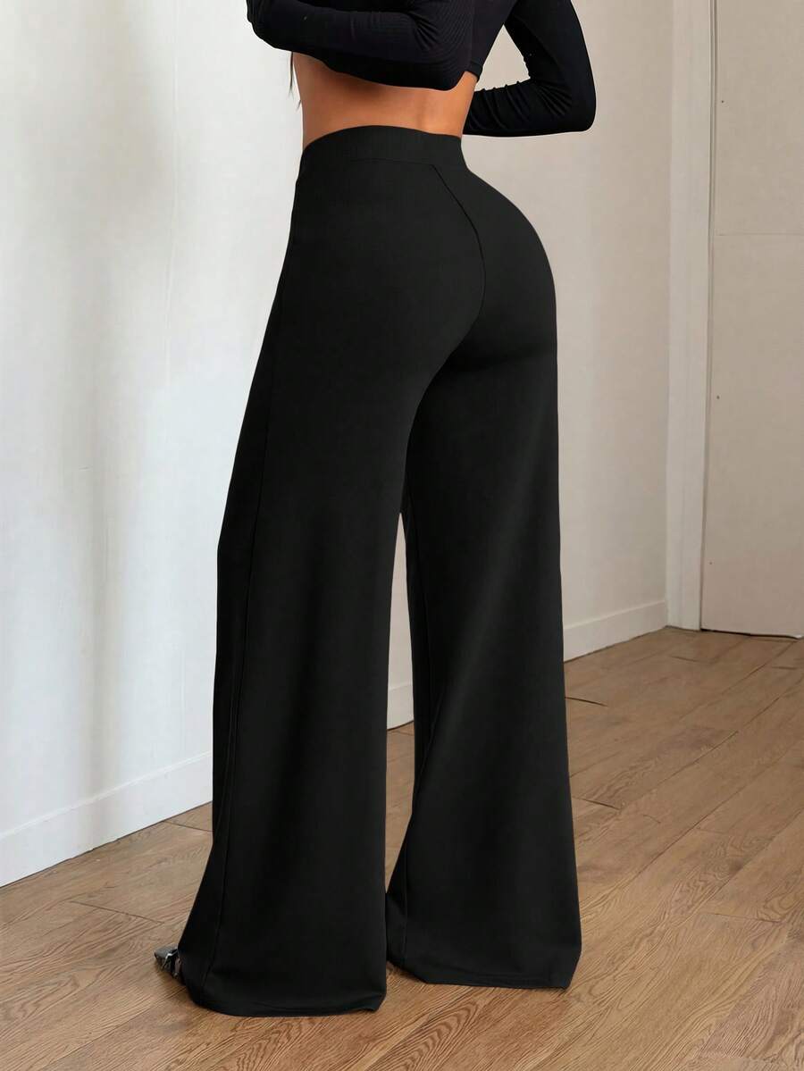 SHEIN بنطلون أسود واسع الساق بجيوب وقماش مرن