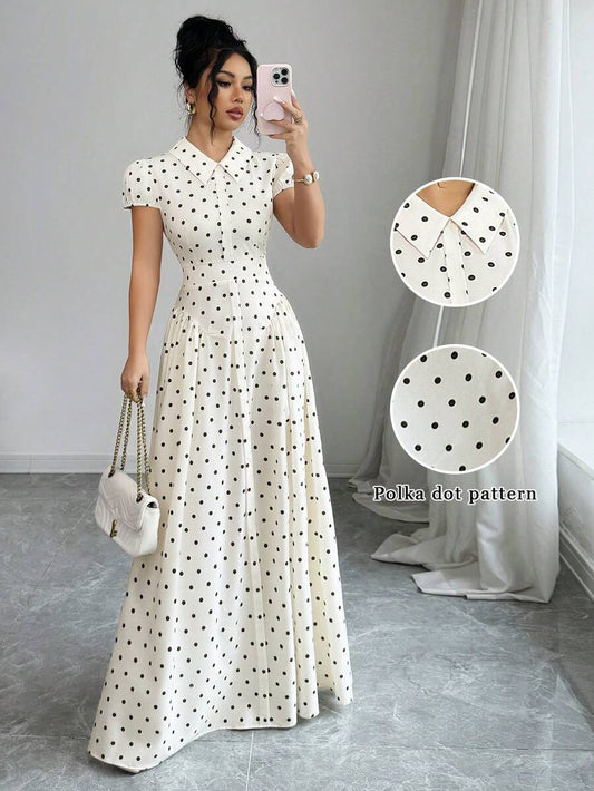 SHEIN Elenzga فستان بطبعة نقاط البولكا بأزرار أمامية وأكمام فانوس بخصر مجمع