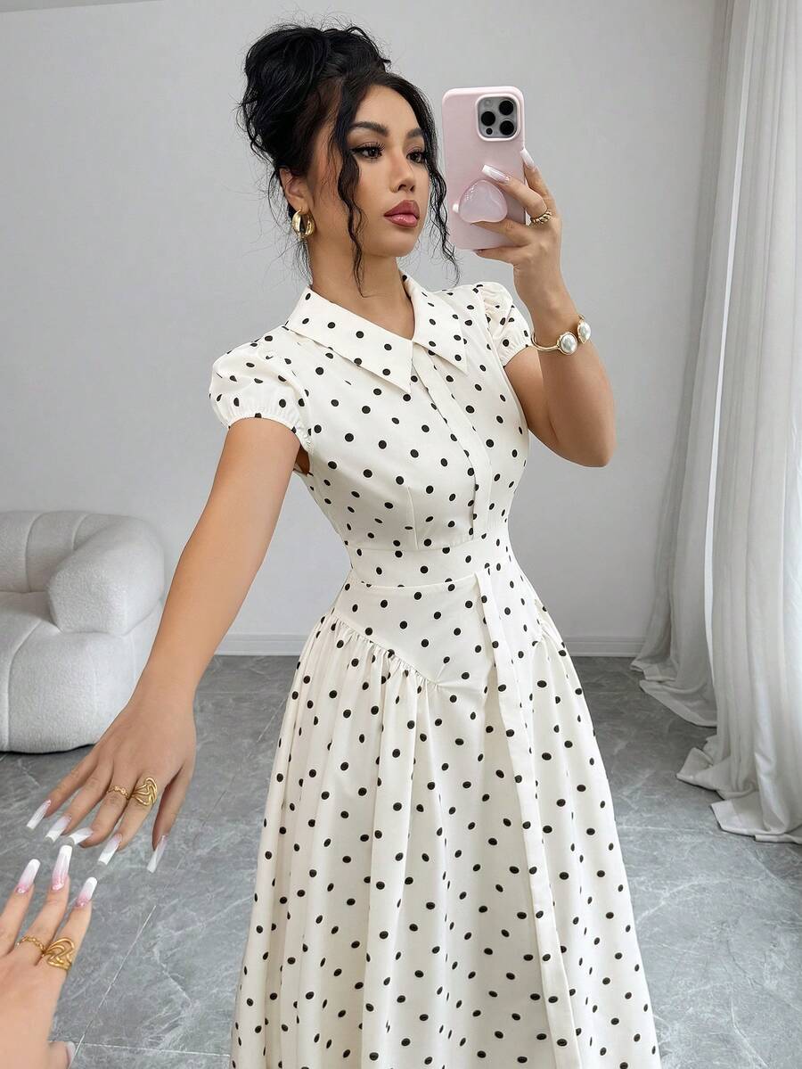 SHEIN Elenzga فستان بطبعة نقاط البولكا بأزرار أمامية وأكمام فانوس بخصر مجمع