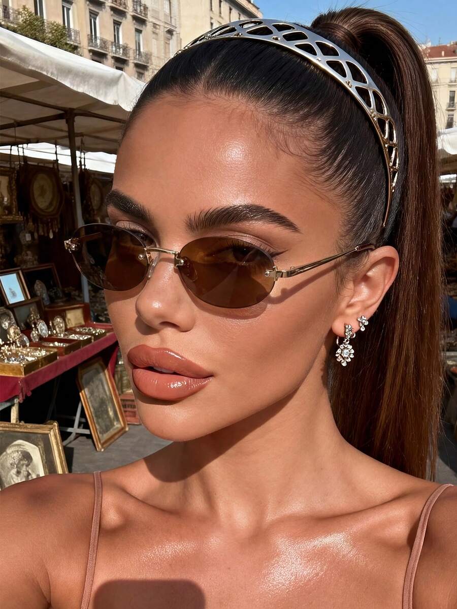 SHEIN نظارة معدنية بإطار بيضاوي بلون بني كلاسيك