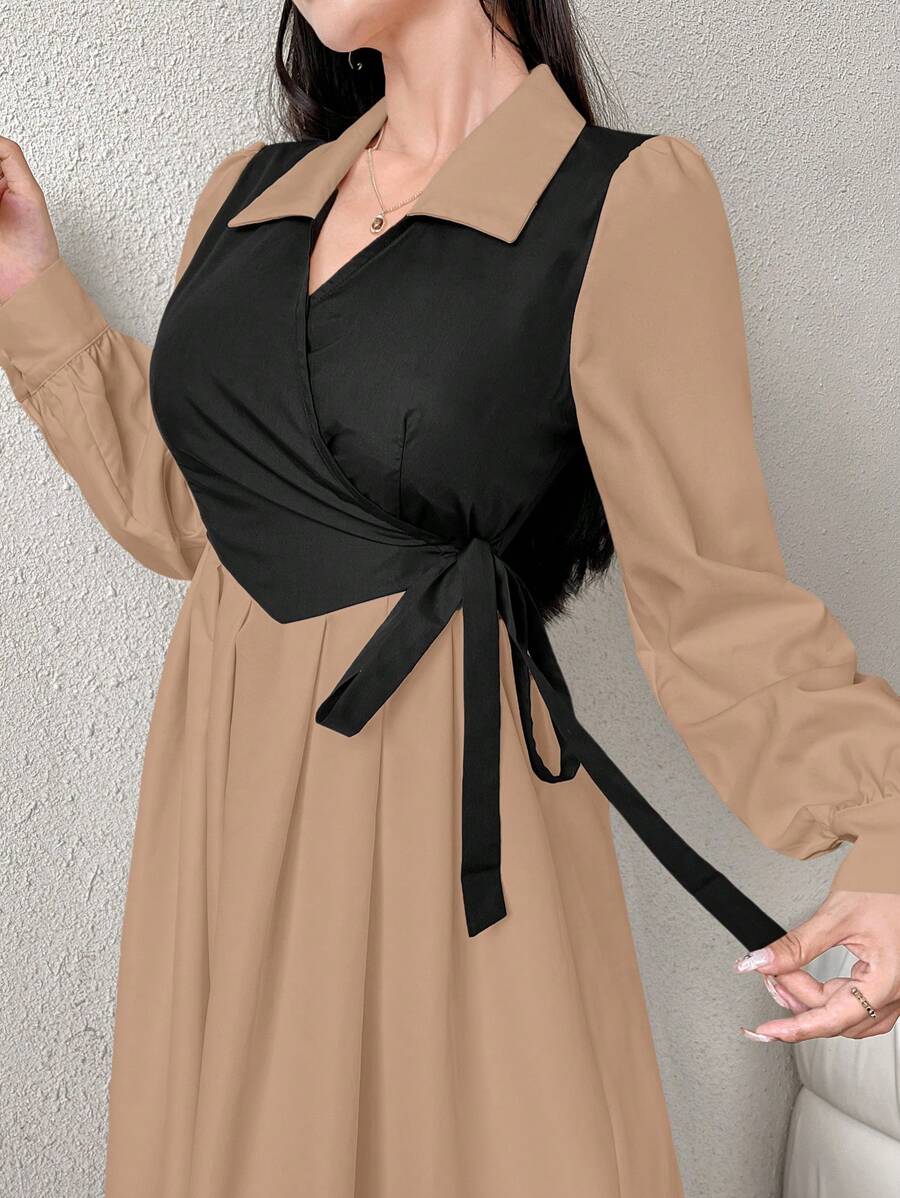 SHEIN Mulvari فستان كاكي بيج أنيق بربطة خلفية