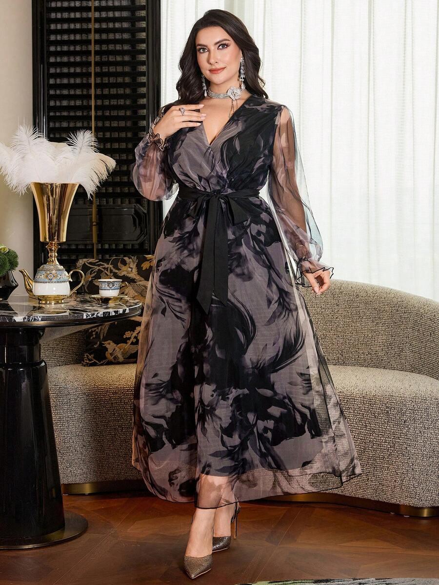 SHEIN Modelyn فستان شيفون مزهر بربطة خصر وأكمام طويلة للمقاسات الكبيرة