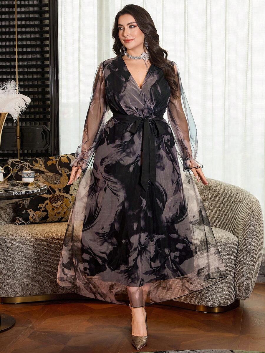 SHEIN Modelyn فستان شيفون مزهر بربطة خصر وأكمام طويلة للمقاسات الكبيرة