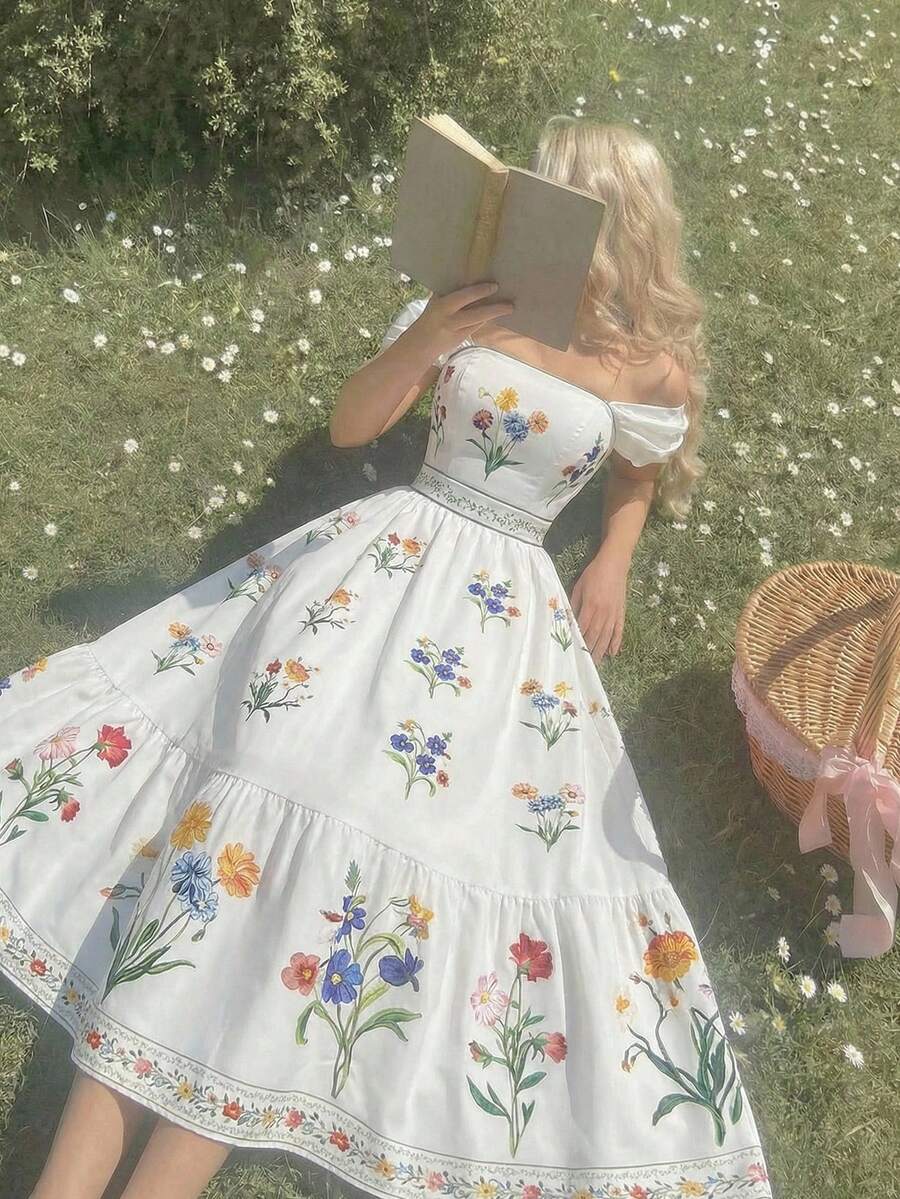 SHEIN MOD فستان مطبوع بطراز بوهيمي على الكتف