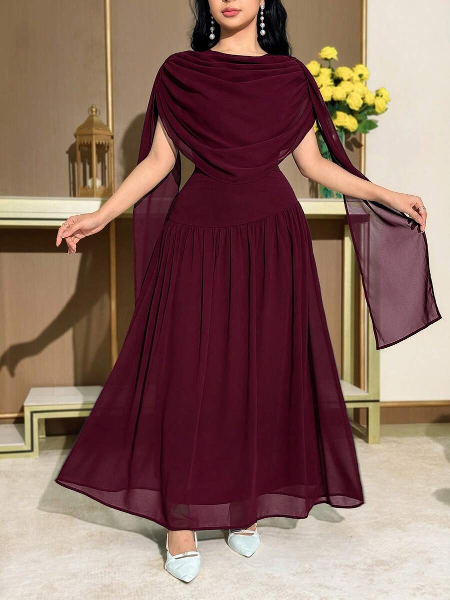 SHEIN Modelyn فستان عنابي بلون موحد بتصميم مطوي أنيق