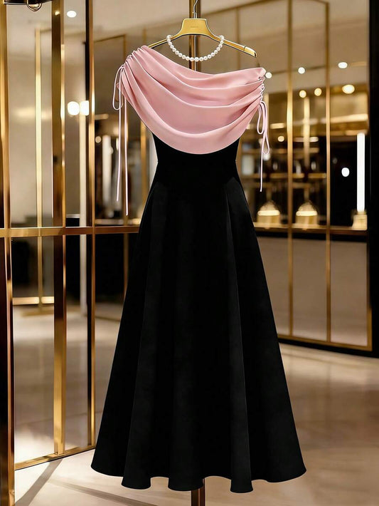 SHEIN GlowEve فستان أسود بياقة منتفخة وردية بكتف مائل