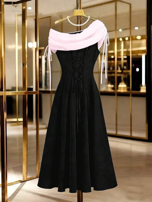 SHEIN GlowEve فستان أسود بياقة منتفخة وردية بكتف مائل