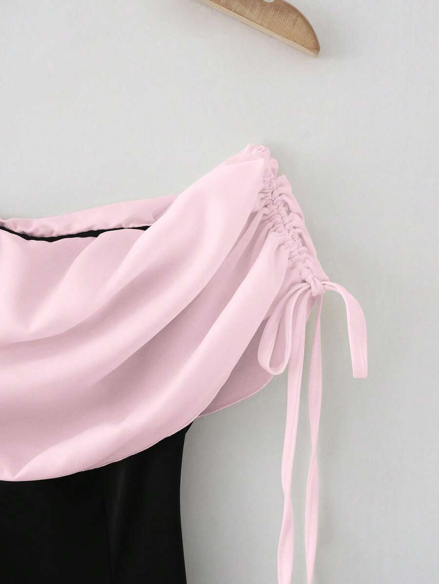 SHEIN GlowEve فستان أسود بياقة منتفخة وردية بكتف مائل