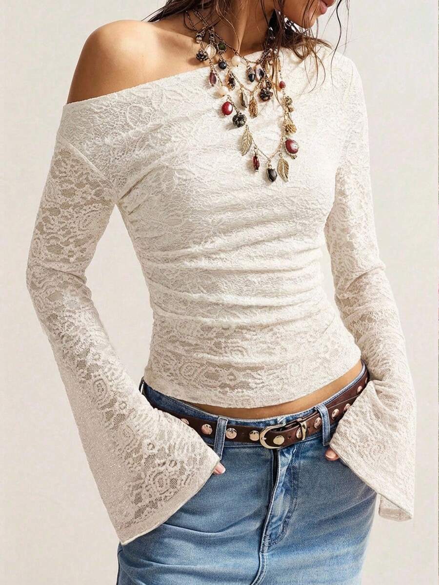SHEIN MOD تي شيرت بكتف واحد بطبعة جاكار زهور بلون مشمشي