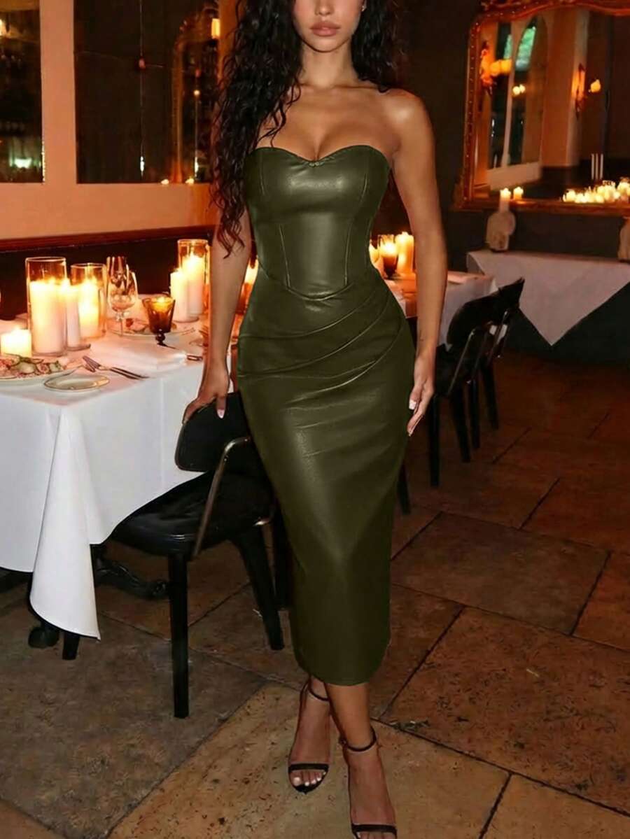 SHEIN MOD فستان مطوي من البولي يوريثان بلون أخضر زيتوني