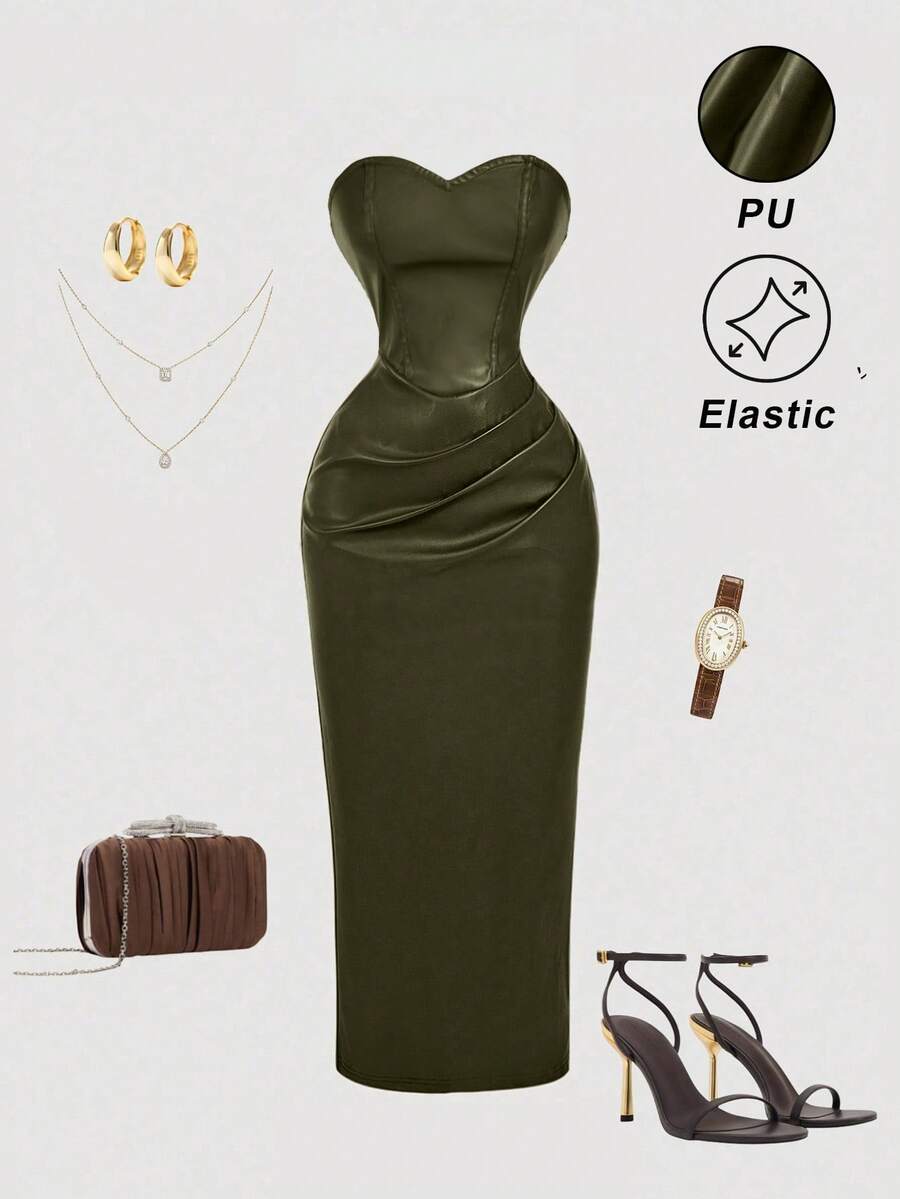 SHEIN MOD فستان مطوي من البولي يوريثان بلون أخضر زيتوني