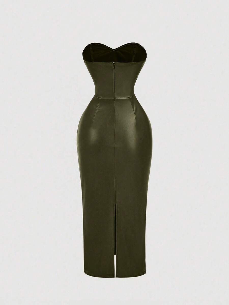 SHEIN MOD فستان مطوي من البولي يوريثان بلون أخضر زيتوني