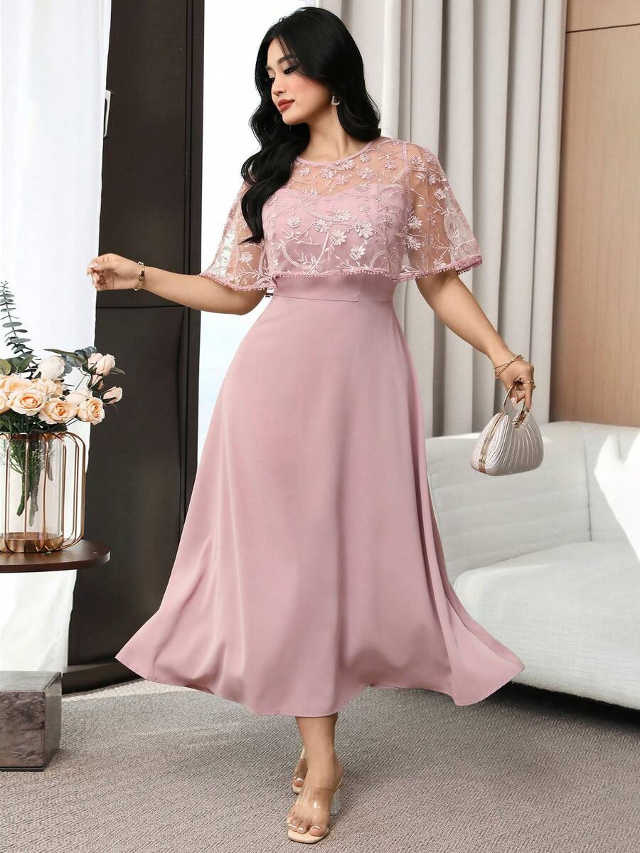 SHEIN Modelyn فستان وردي للمقاسات كبيرة بتطريز زهري وخصر مشدود