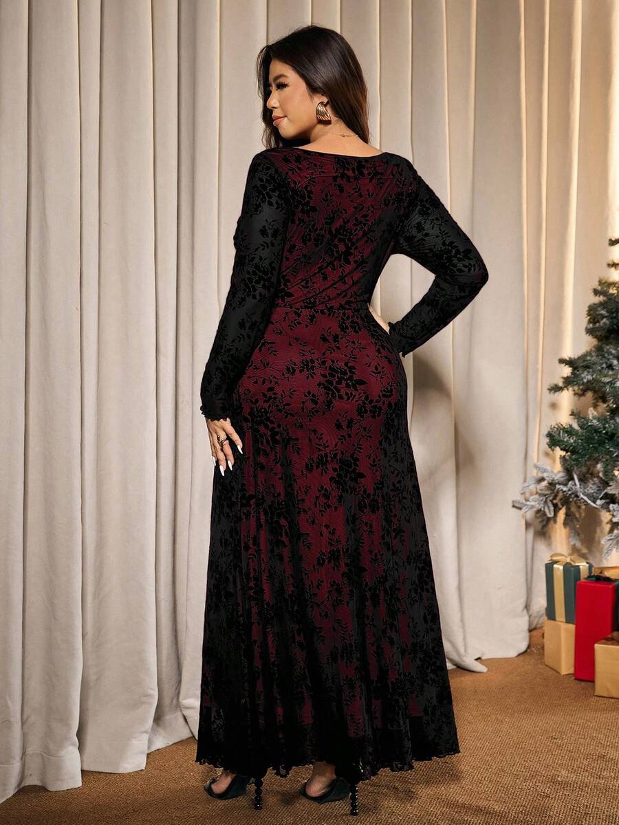 SHEIN Elaquor فستان للمقاسات الكبيرة بشبكة مخملية مطبوع بالزهور