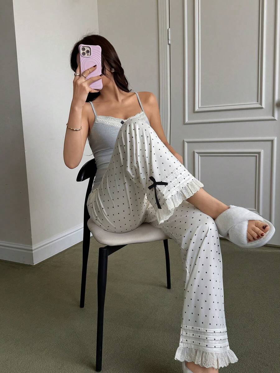 SHEIN Dream Adore بيجامة قطعتين توب دانتيل وبنطلون مطبوع بنقاط البولكا