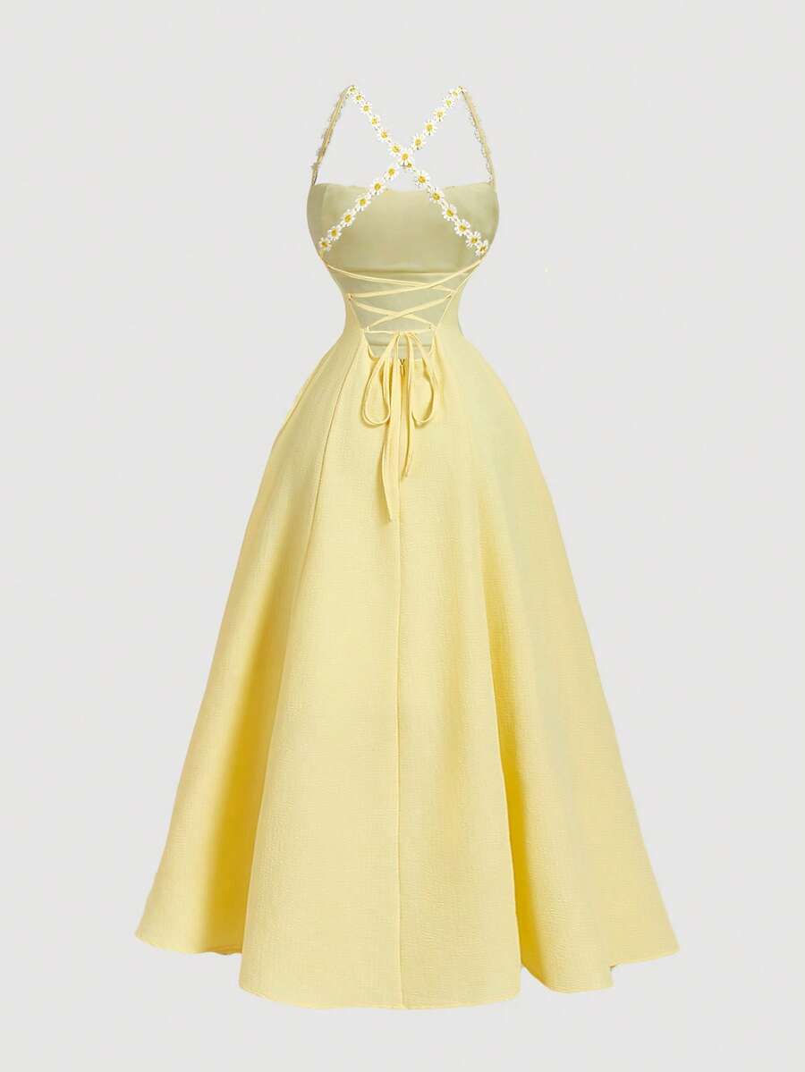 SHEIN MOD فستان أصفر مربوط الخصر