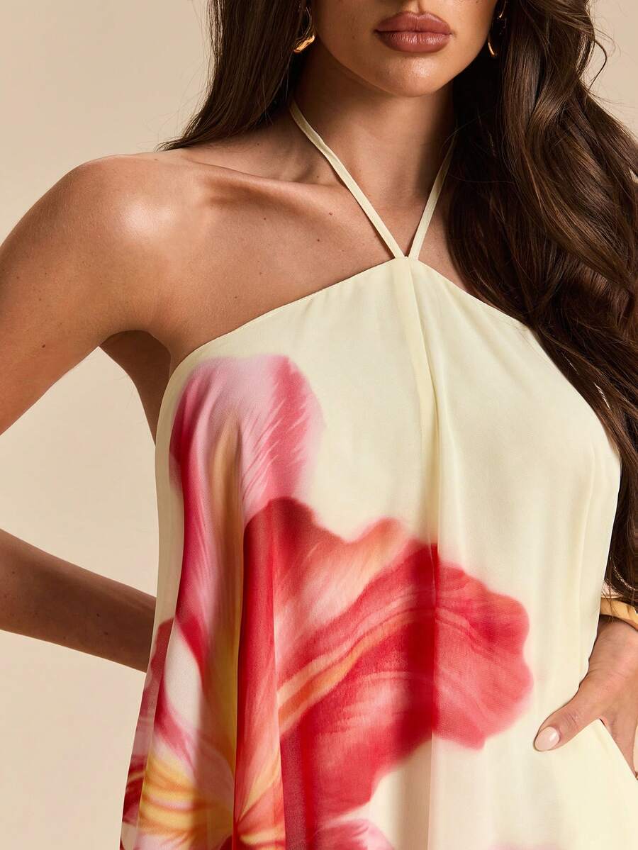 SHEIN BAE فستان قصير شيفون بطبعة زهور حمراء برقبة مربوطة