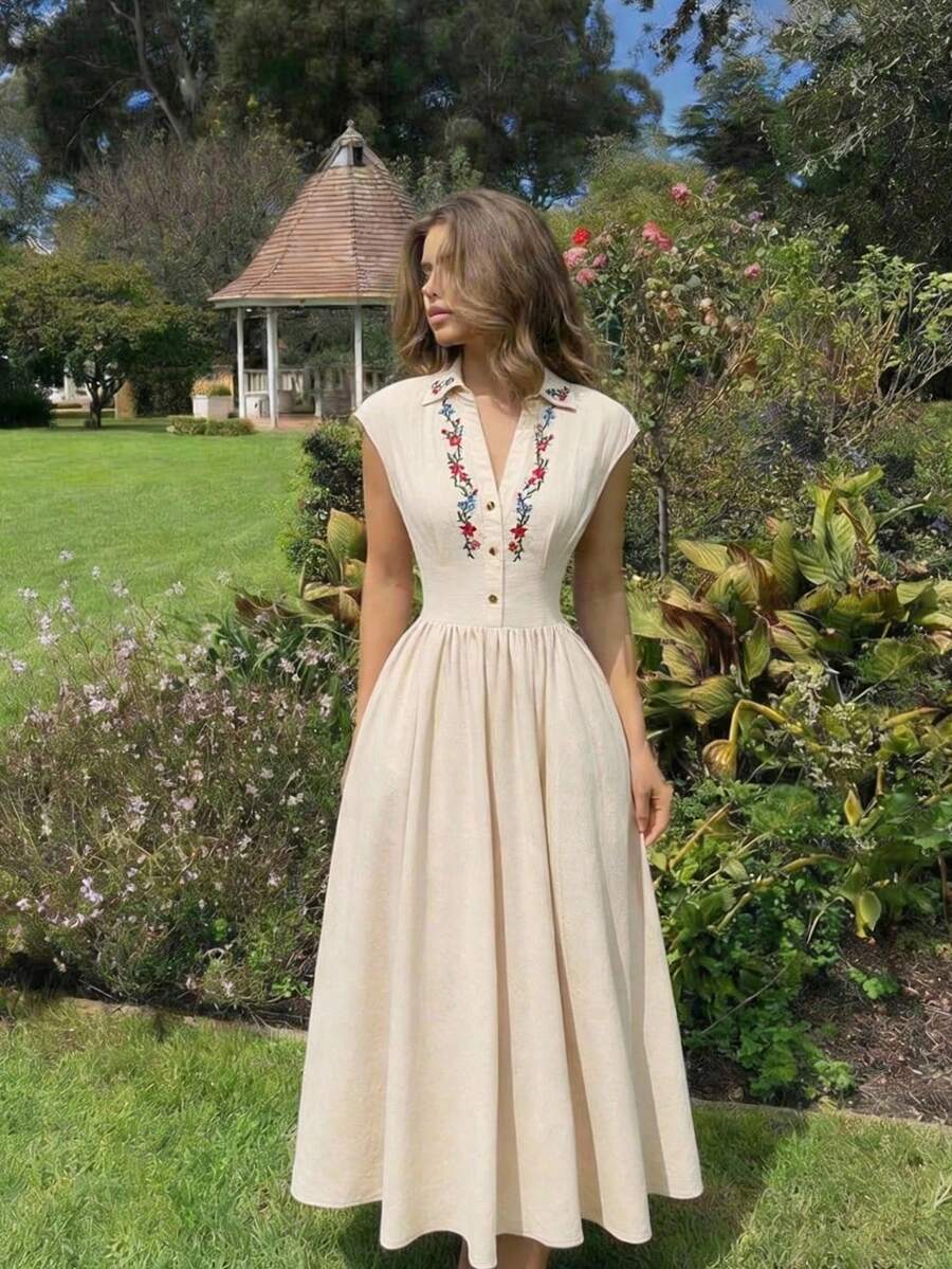 SHEIN MOD فستان قميص بأزرار بلا أكمام بلون مشمشي