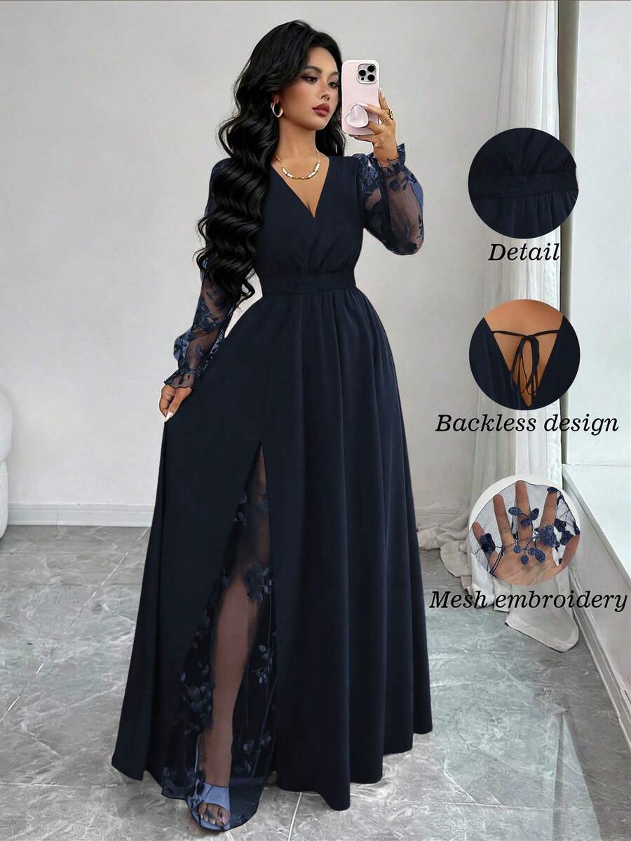 SHEIN Elenzya فستان أنيق بياقة عميقة وتطريز دانتيل وشق جانبي