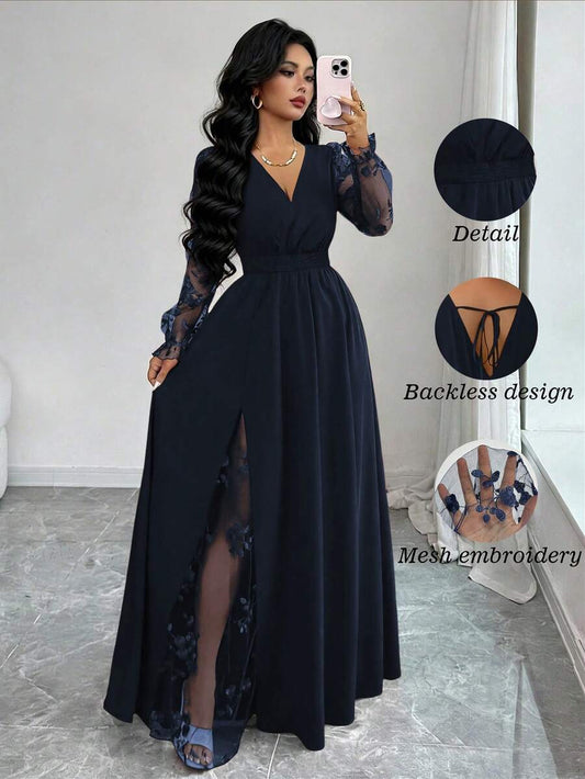 SHEIN Elenzya فستان أنيق بياقة عميقة وتطريز دانتيل وشق جانبي