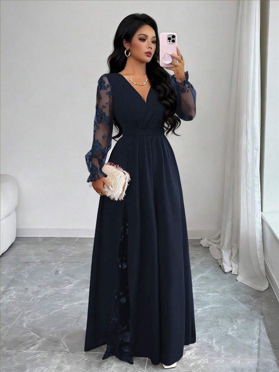 SHEIN Elenzya فستان أنيق بياقة عميقة وتطريز دانتيل وشق جانبي