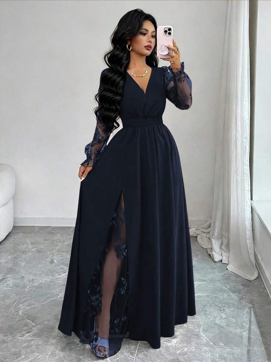 SHEIN Elenzya فستان أنيق بياقة عميقة وتطريز دانتيل وشق جانبي