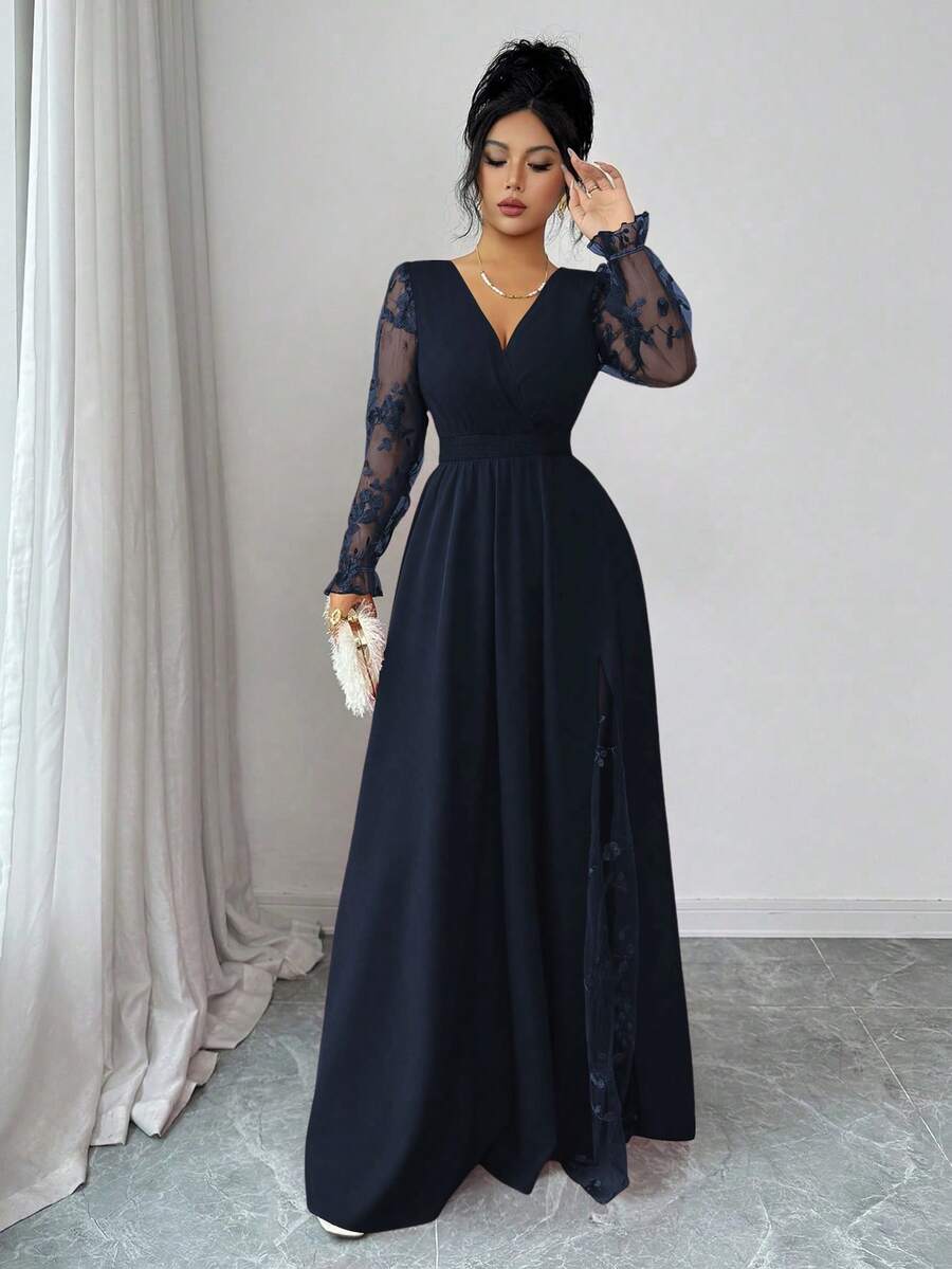 SHEIN Elenzya فستان أنيق بياقة عميقة وتطريز دانتيل وشق جانبي