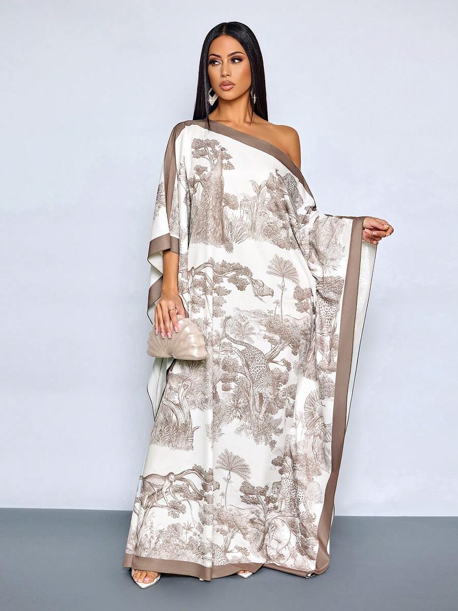 SHEIN SOLERSUN فستان سهرة ماكسي بطبعة زهور بكتف مكشوف