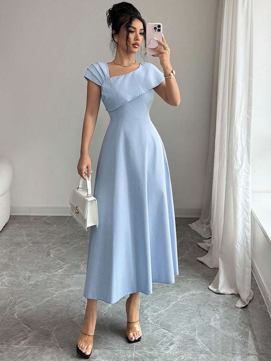 SHEIN Modelyn فستان أزرق سادة أنيق بخصر مطوي