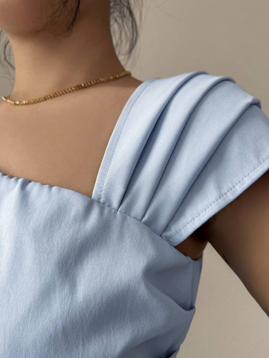 SHEIN Modelyn فستان أزرق سادة أنيق بخصر مطوي