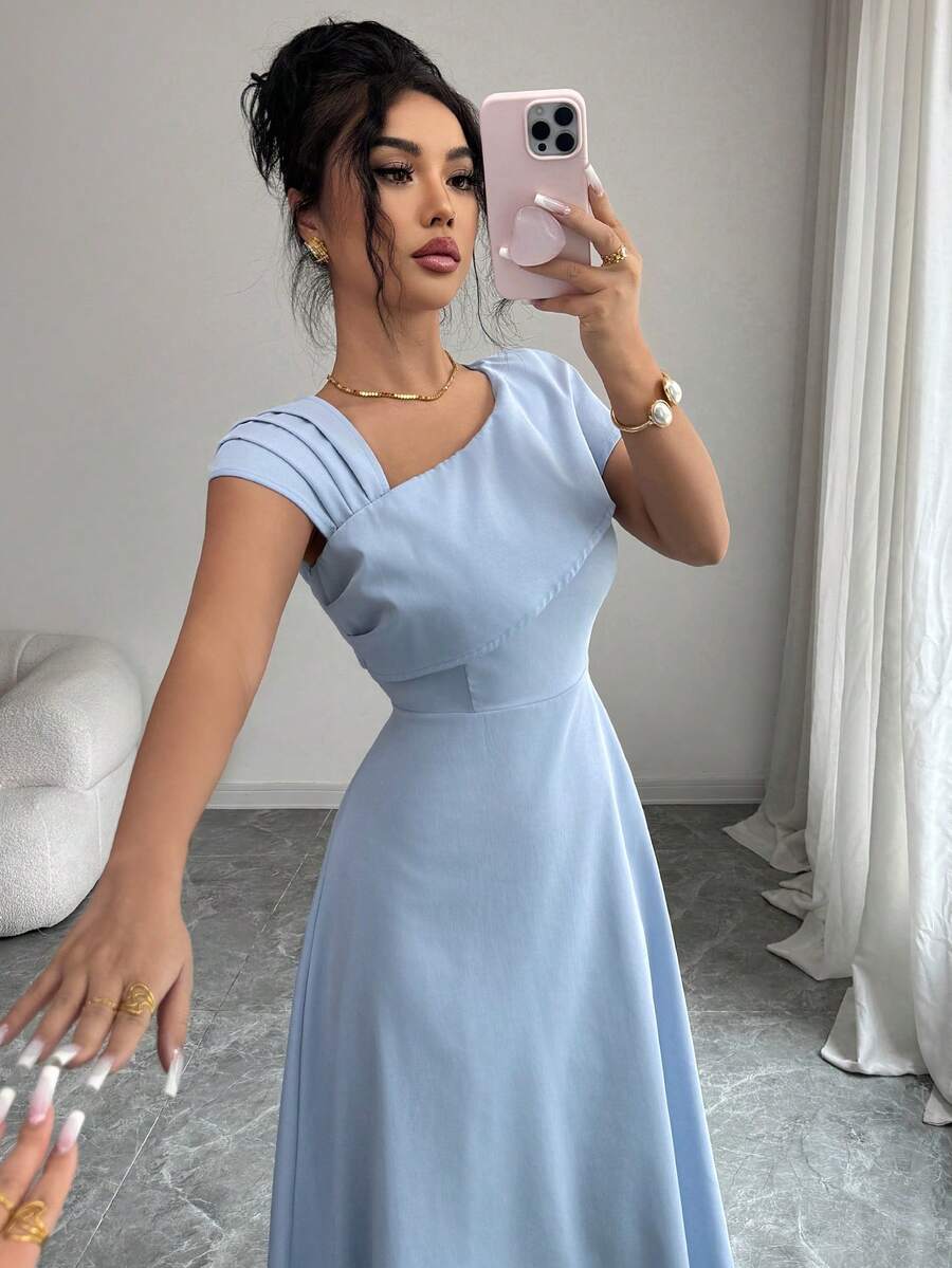 SHEIN Modelyn فستان أزرق سادة أنيق بخصر مطوي