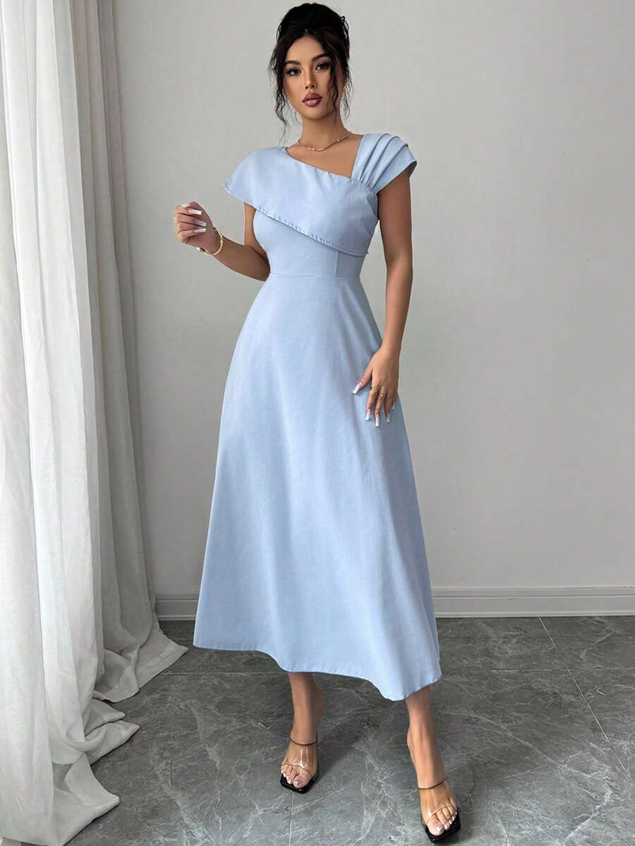 SHEIN Modelyn فستان أزرق سادة أنيق بخصر مطوي