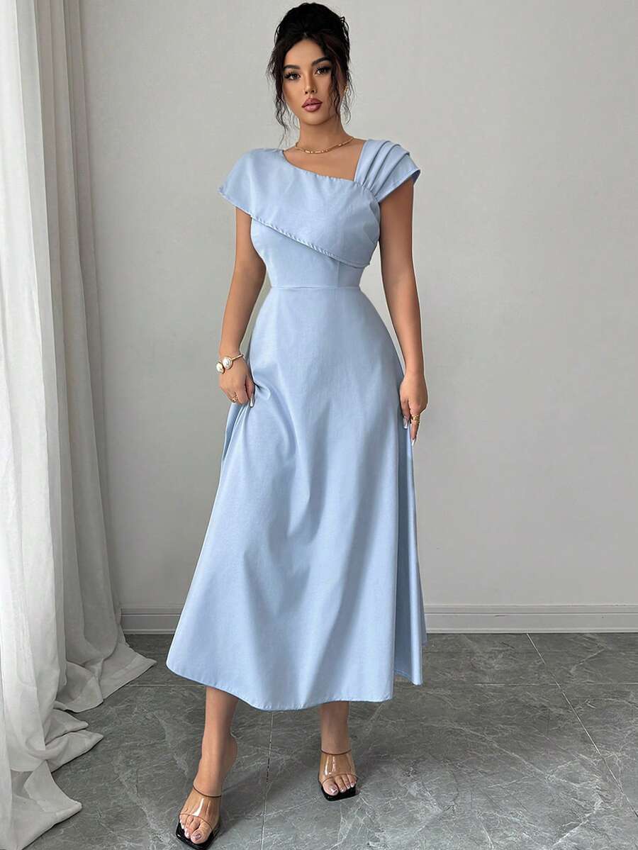 SHEIN Modelyn فستان أزرق سادة أنيق بخصر مطوي