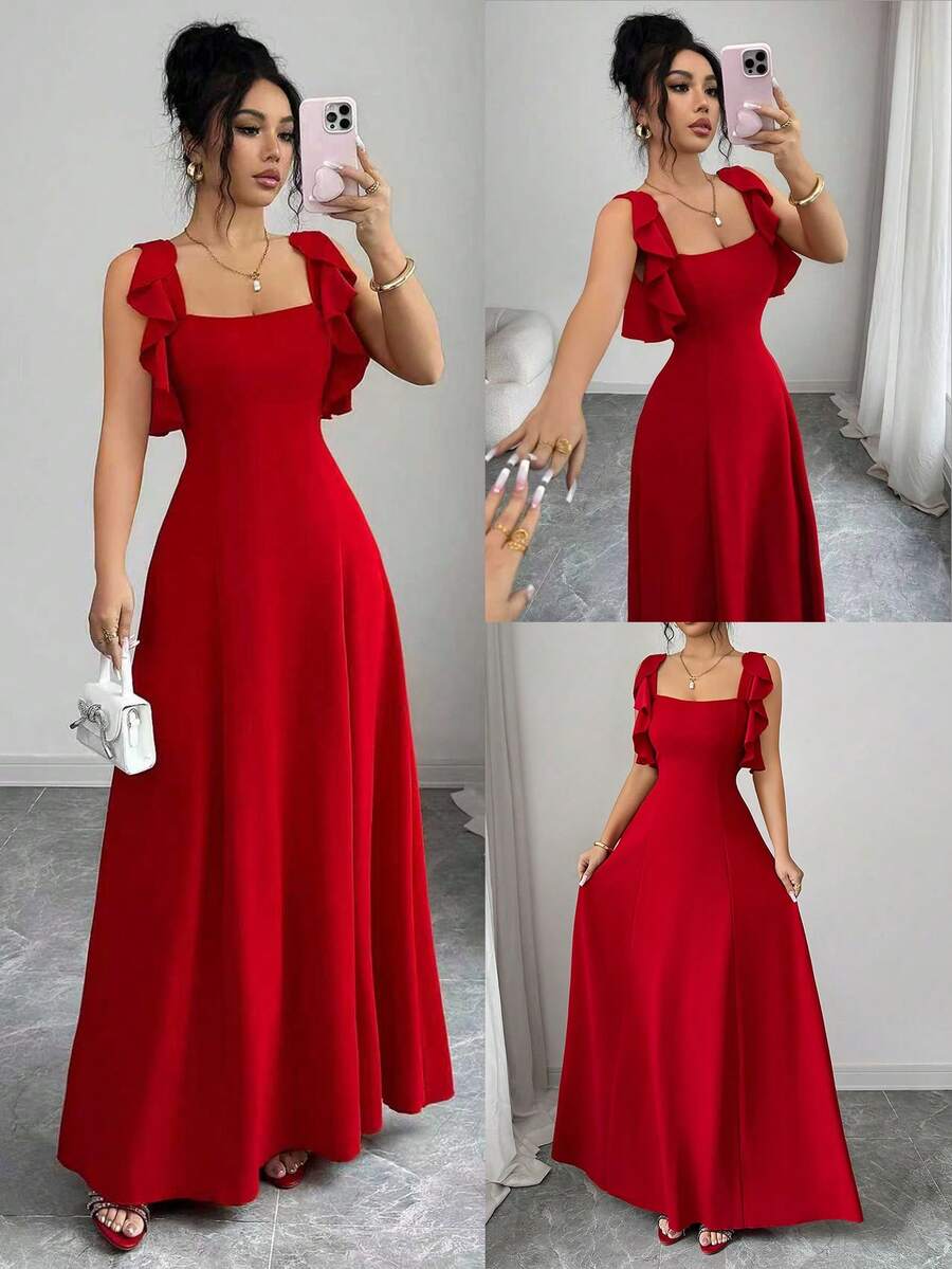 SHEIN Elenzga فستان أحمر أنيق بخصر مشدود وذيل مكشكش