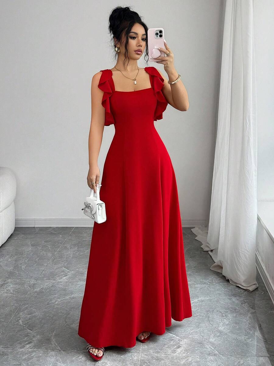 SHEIN Elenzga فستان أحمر أنيق بخصر مشدود وذيل مكشكش