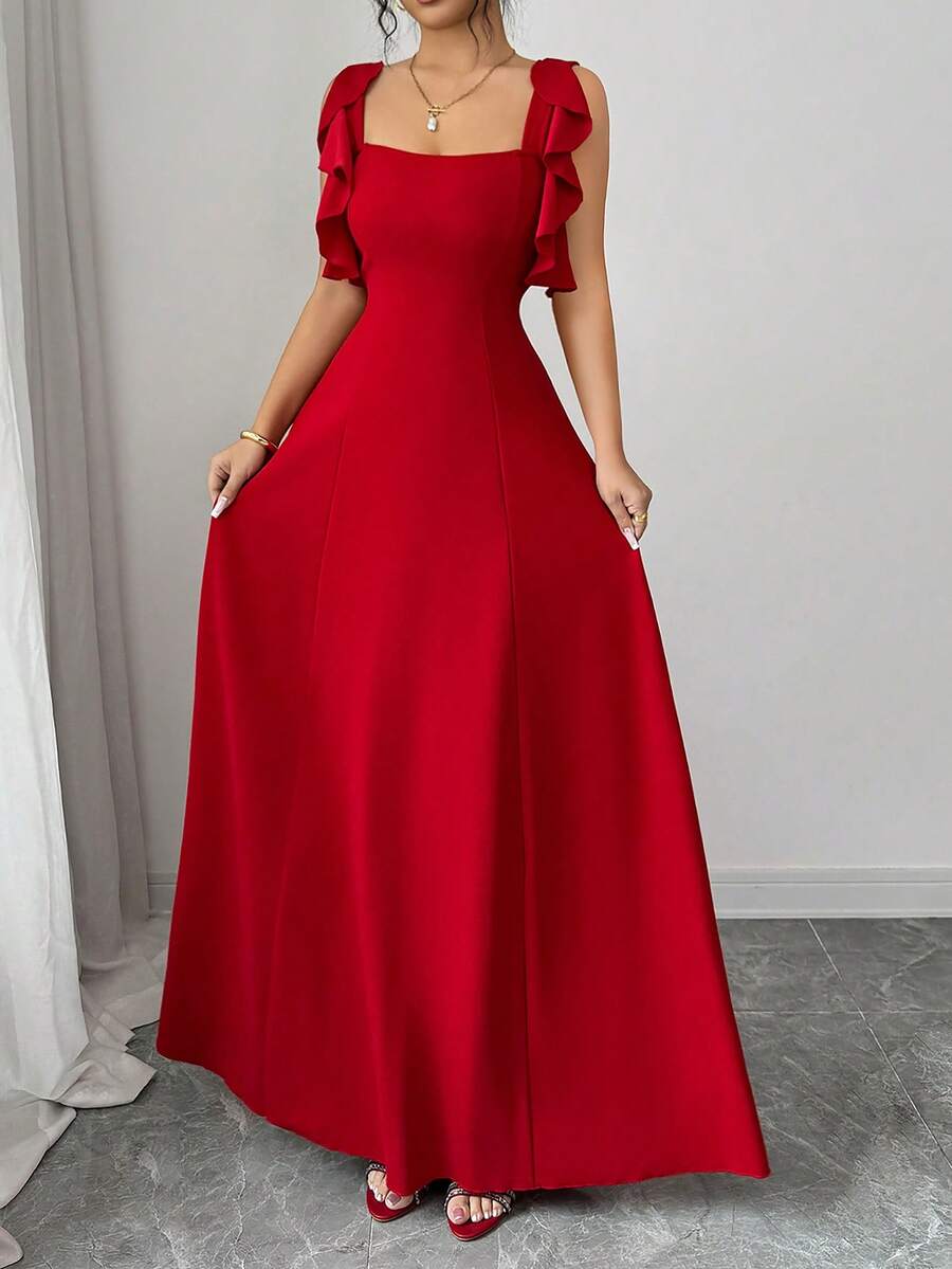 SHEIN Elenzga فستان أحمر أنيق بخصر مشدود وذيل مكشكش