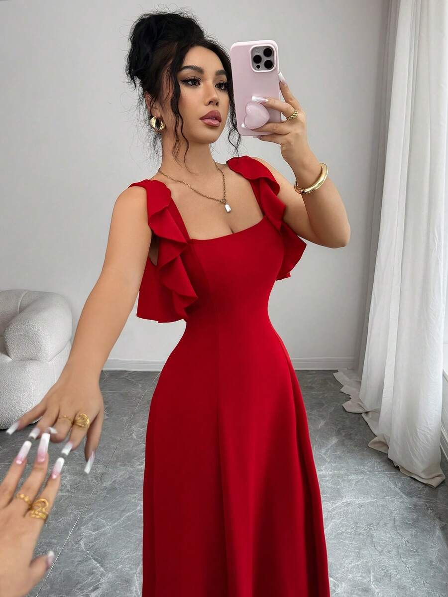 SHEIN Elenzga فستان أحمر أنيق بخصر مشدود وذيل مكشكش