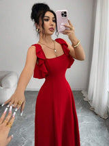 SHEIN Elenzga فستان أحمر أنيق بخصر مشدود وذيل مكشكش