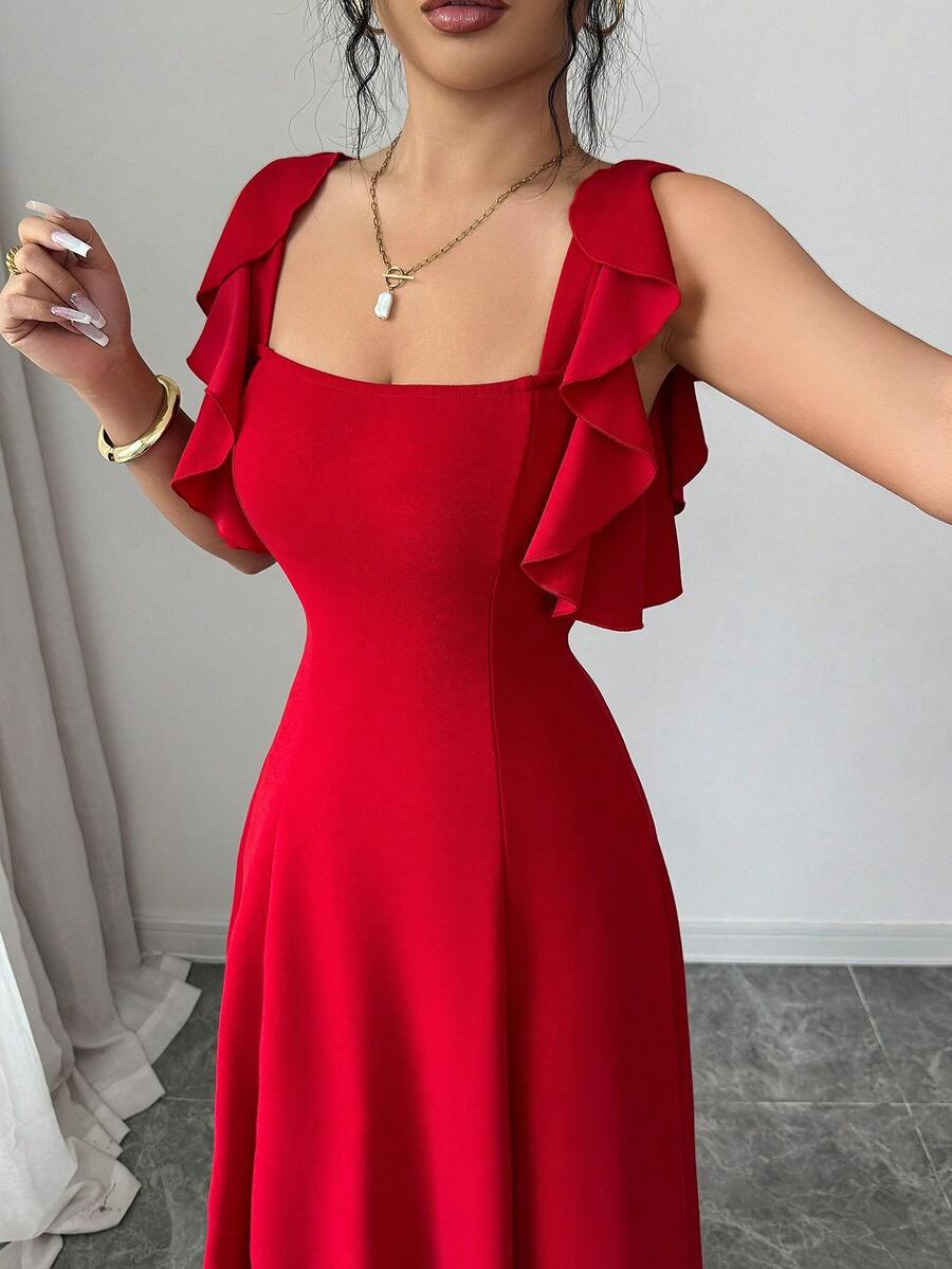 SHEIN Elenzga فستان أحمر أنيق بخصر مشدود وذيل مكشكش