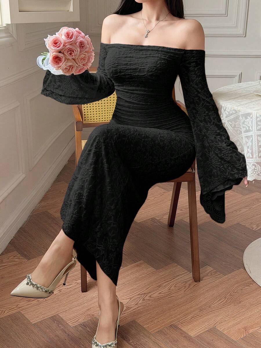 SHEIN DAZY فستان أسود طويل مكشوف الكتف