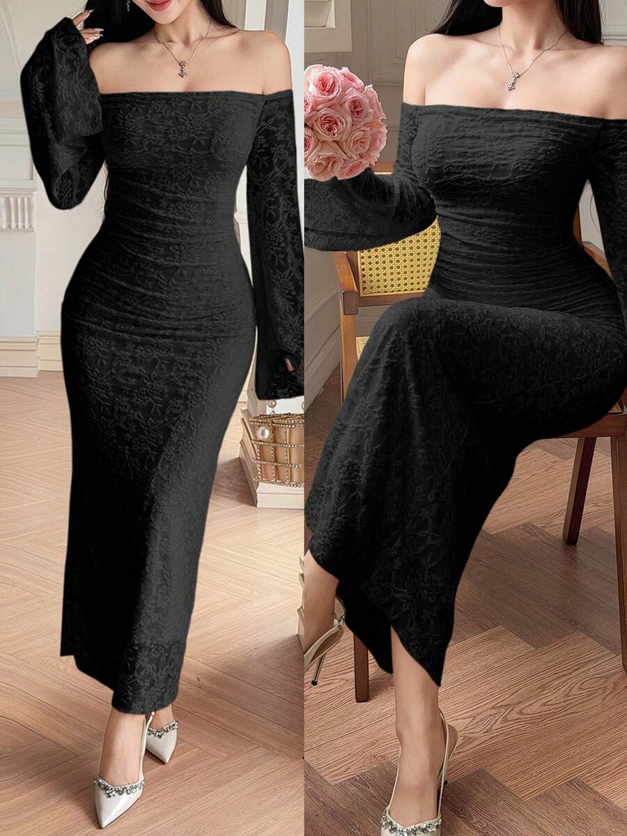 SHEIN DAZY فستان أسود طويل مكشوف الكتف