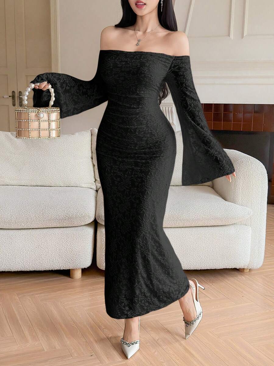 SHEIN DAZY فستان أسود طويل مكشوف الكتف
