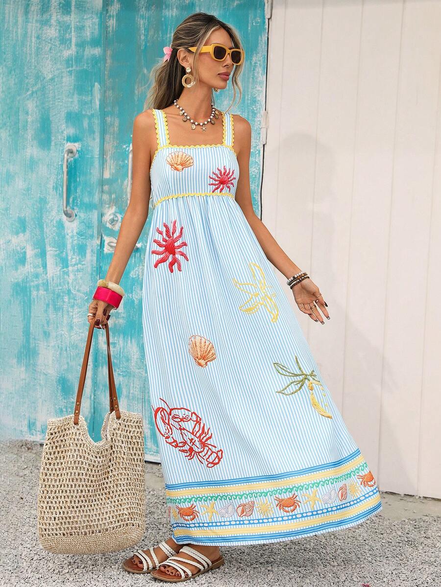 SHEIN Vivid Eden فستان صيفي مخطط بحمالات وتطريز متباين