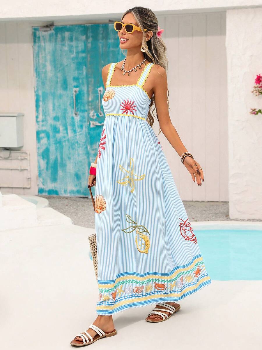 SHEIN Vivid Eden فستان صيفي مخطط بحمالات وتطريز متباين